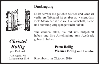 Anzeige von Christel Bollig von  Schaufenster/Blickpunkt 