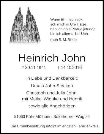 Anzeige von Heinrich John von Kölner Stadt-Anzeiger / Kölnische Rundschau / Express