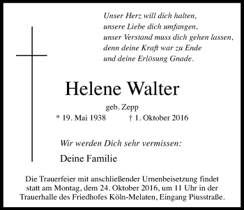 Anzeige von Helene Walter von Kölner Stadt-Anzeiger / Kölnische Rundschau / Express