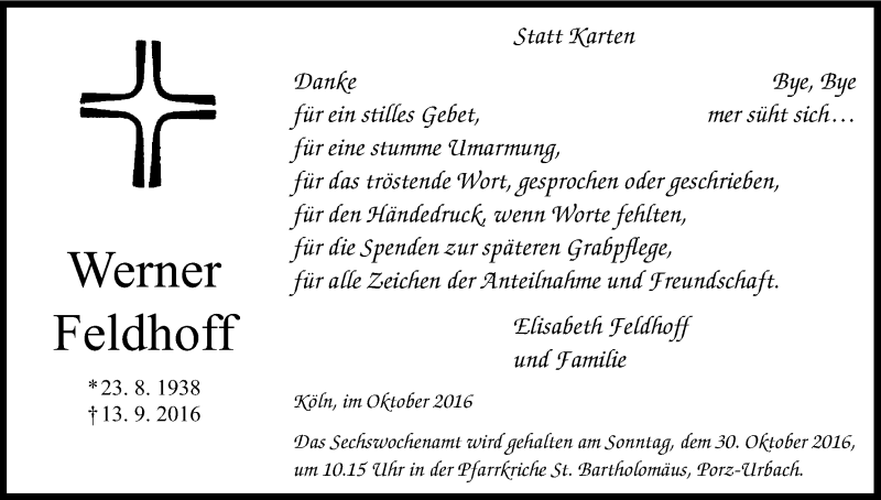  Traueranzeige für Werner Feldhoff vom 15.10.2016 aus Kölner Stadt-Anzeiger / Kölnische Rundschau / Express