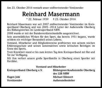 Anzeige von Reinhard Masermann von Kölner Stadt-Anzeiger / Kölnische Rundschau / Express