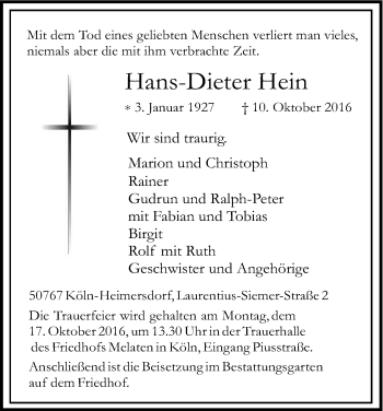 Anzeige von Hans-Dieter Hein von Kölner Stadt-Anzeiger / Kölnische Rundschau / Express