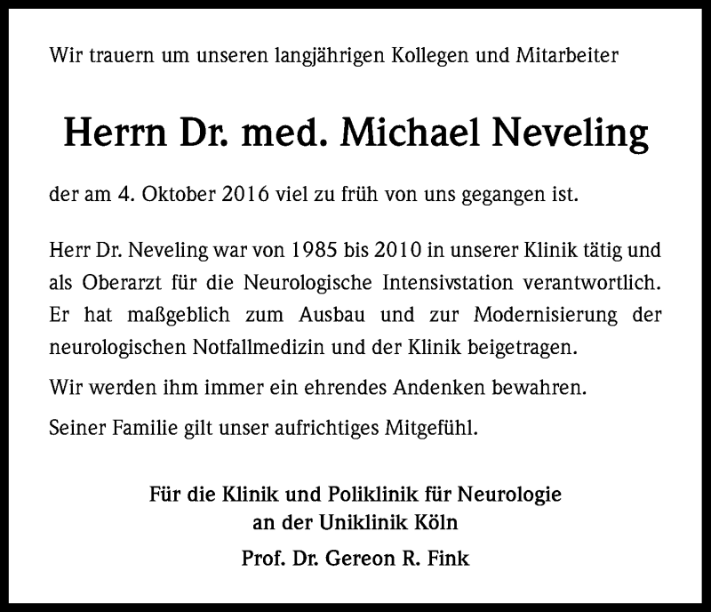  Traueranzeige für Michael  Neveling vom 15.10.2016 aus Kölner Stadt-Anzeiger / Kölnische Rundschau / Express