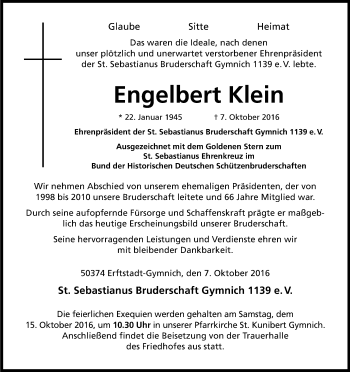 Anzeige von Engelbert Klein von Kölner Stadt-Anzeiger / Kölnische Rundschau / Express