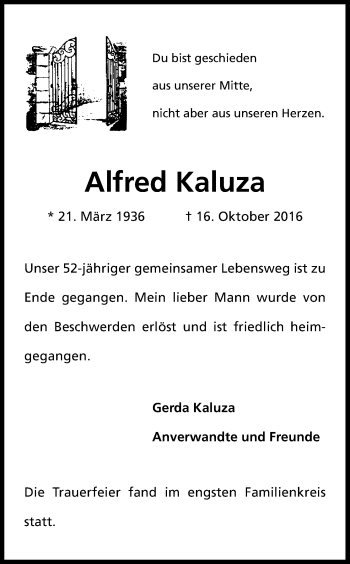 Anzeige von Alfred Kaluza von Kölner Stadt-Anzeiger / Kölnische Rundschau / Express