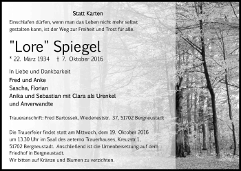 Anzeige von Lore Spiegel von Kölner Stadt-Anzeiger / Kölnische Rundschau / Express