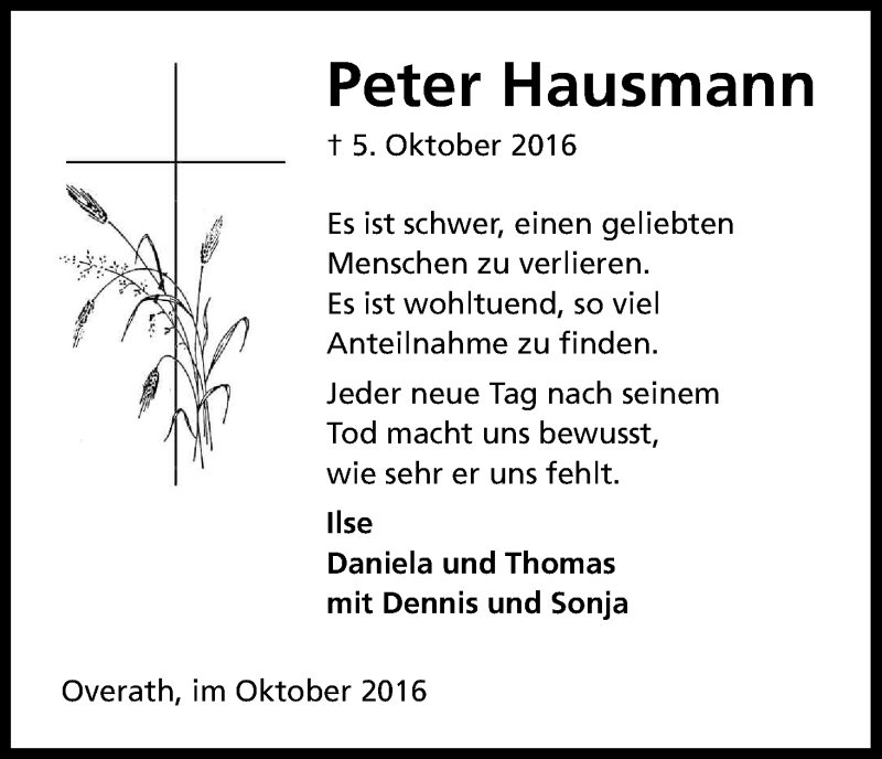  Traueranzeige für Peter Hausmann vom 29.10.2016 aus Kölner Stadt-Anzeiger / Kölnische Rundschau / Express