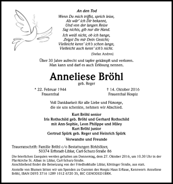 Anzeige von Anneliese Bröhl von Kölner Stadt-Anzeiger / Kölnische Rundschau / Express