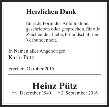 Anzeige von Heinz Pütz von  Wochenende 