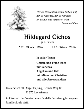 Anzeige von Hildegard Cichos von Kölner Stadt-Anzeiger / Kölnische Rundschau / Express