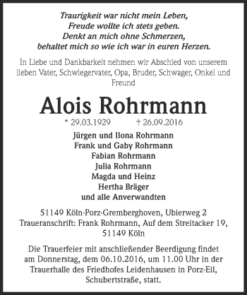 Anzeige von Alois Rohrmann von  Kölner Wochenspiegel 