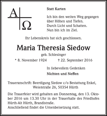 Anzeige von Maria Theresia Siedow von  Wochenende 