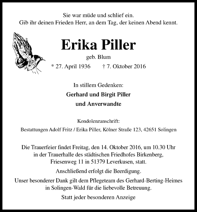  Traueranzeige für Erika Piller vom 12.10.2016 aus Kölner Stadt-Anzeiger / Kölnische Rundschau / Express