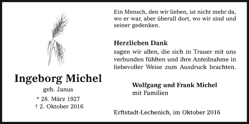  Traueranzeige für Ingeborg Michel vom 26.10.2016 aus Kölner Stadt-Anzeiger / Kölnische Rundschau / Express