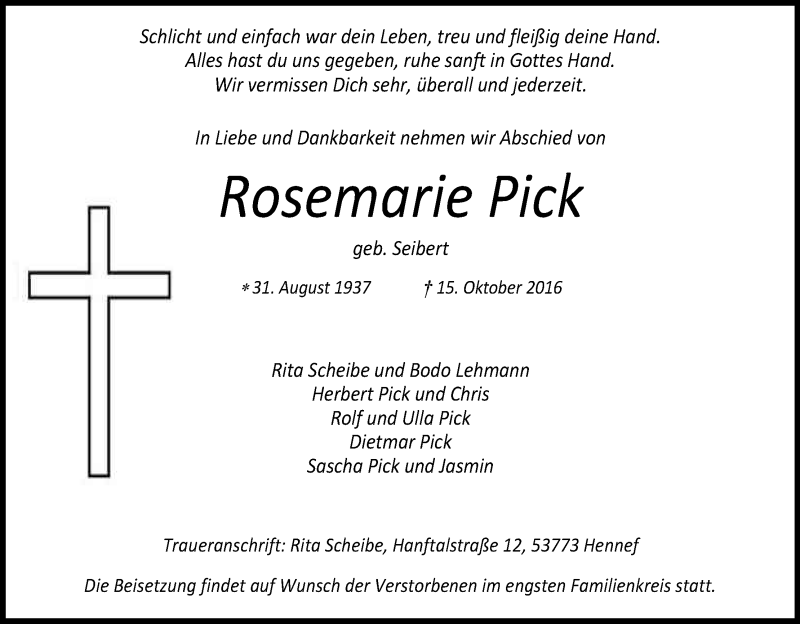  Traueranzeige für Rosemarie Pick vom 19.10.2016 aus Kölner Stadt-Anzeiger / Kölnische Rundschau / Express
