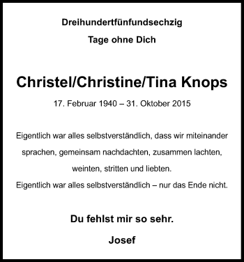 Anzeige von Christel/Christine/Tina Knops von Kölner Stadt-Anzeiger / Kölnische Rundschau / Express