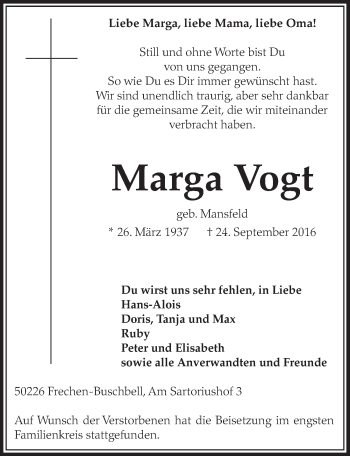 Anzeige von Marga Vogt von  Sonntags-Post 