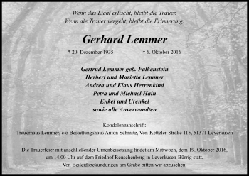 Anzeige von Gerhard Lemmer von Kölner Stadt-Anzeiger / Kölnische Rundschau / Express