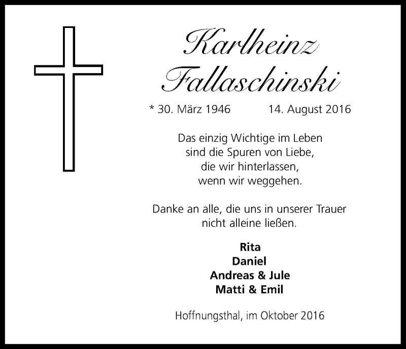  Traueranzeige für Karlheinz Fallaschinski vom 29.10.2016 aus Kölner Stadt-Anzeiger / Kölnische Rundschau / Express
