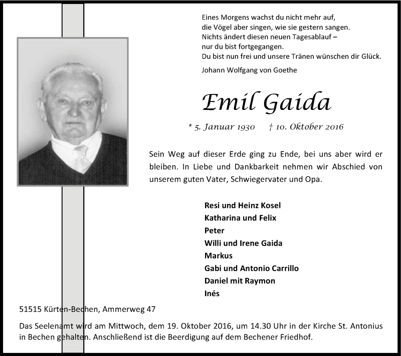  Traueranzeige für Emil Gaida vom 15.10.2016 aus Kölner Stadt-Anzeiger / Kölnische Rundschau / Express