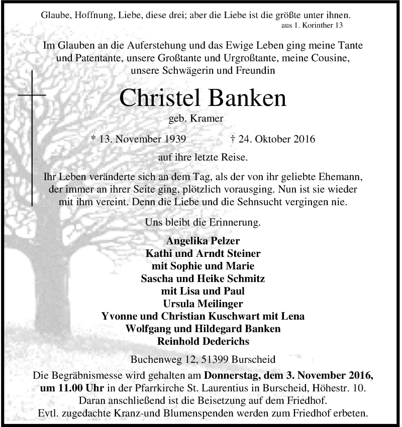  Traueranzeige für Christel Banken vom 29.10.2016 aus Kölner Stadt-Anzeiger / Kölnische Rundschau / Express