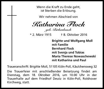 Anzeige von Katharina Flock von Kölner Stadt-Anzeiger / Kölnische Rundschau / Express