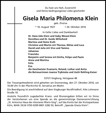 Anzeige von Gisela Maria Philomena Klein von Kölner Stadt-Anzeiger / Kölnische Rundschau / Express