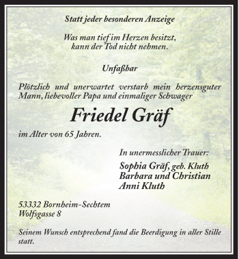 Anzeige von Friedel Gräf von  Schaufenster/Blickpunkt 