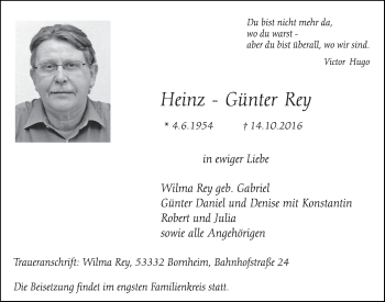 Anzeige von Heinz-Günter Rey von  Schlossbote/Werbekurier 