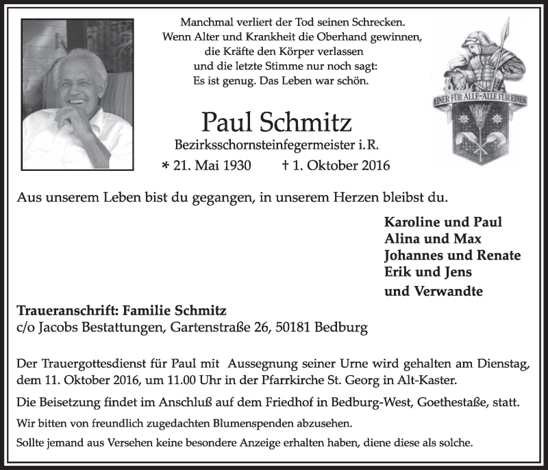  Traueranzeige für Paul Schmitz vom 08.10.2016 aus  Sonntags-Post 