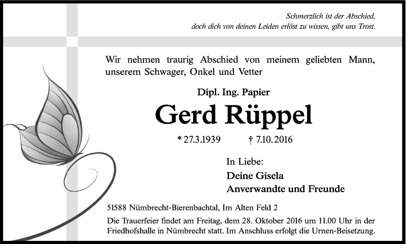  Traueranzeige für Gerd Rüppel vom 15.10.2016 aus Kölner Stadt-Anzeiger / Kölnische Rundschau / Express