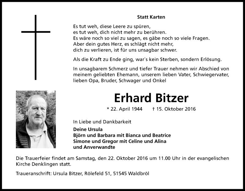  Traueranzeige für Erhard Bitzer vom 18.10.2016 aus Kölner Stadt-Anzeiger / Kölnische Rundschau / Express