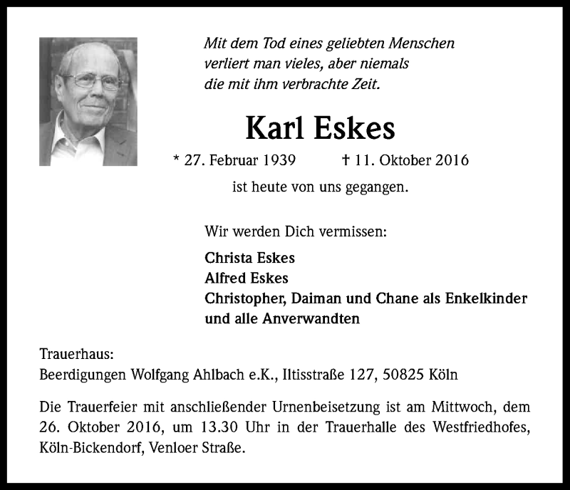 Traueranzeige für Karl Eskes vom 22.10.2016 aus Kölner Stadt-Anzeiger / Kölnische Rundschau / Express