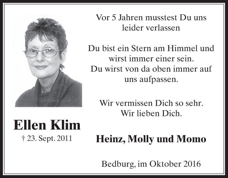  Traueranzeige für Ellen Klim vom 05.10.2016 aus  Werbepost 