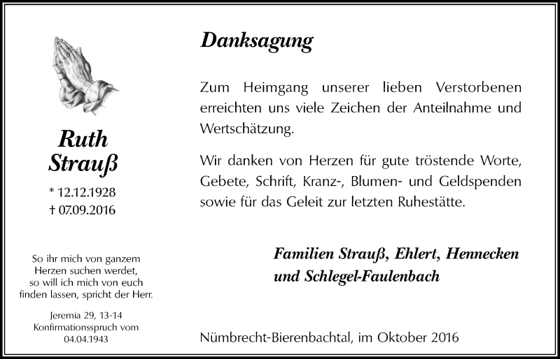  Traueranzeige für Ruth Strauß vom 19.10.2016 aus  Lokalanzeiger 