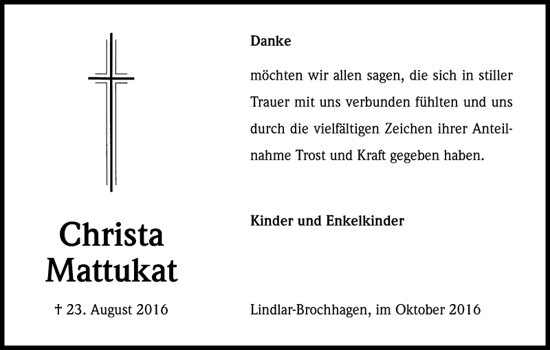 Traueranzeige für Christa Mattukat vom 08.10.2016 aus Kölner Stadt-Anzeiger / Kölnische Rundschau / Express