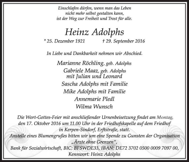  Traueranzeige für Heinz Adolphs vom 15.10.2016 aus  Sonntags-Post 