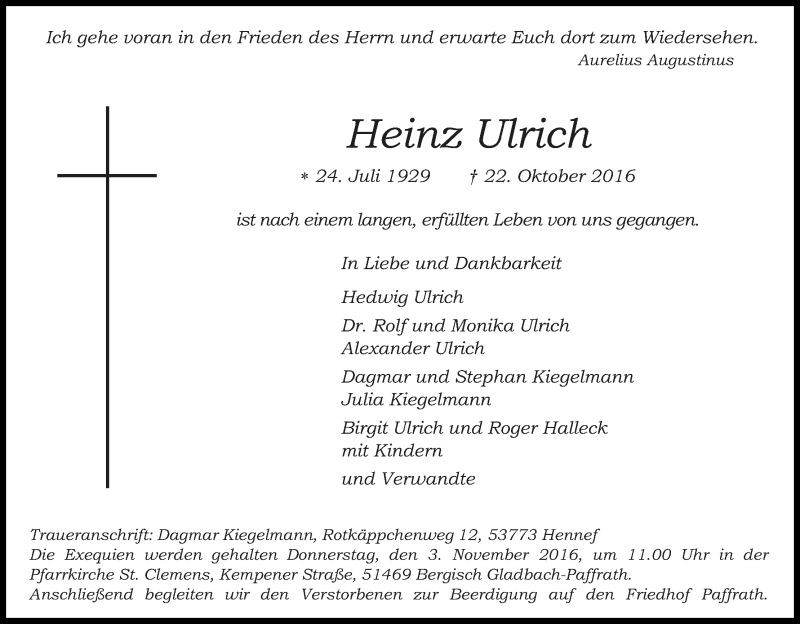  Traueranzeige für Heinz Ulrich vom 28.10.2016 aus Kölner Stadt-Anzeiger / Kölnische Rundschau / Express