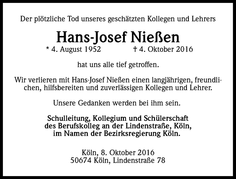  Traueranzeige für Hans-Josef Nießen vom 08.10.2016 aus Kölner Stadt-Anzeiger / Kölnische Rundschau / Express