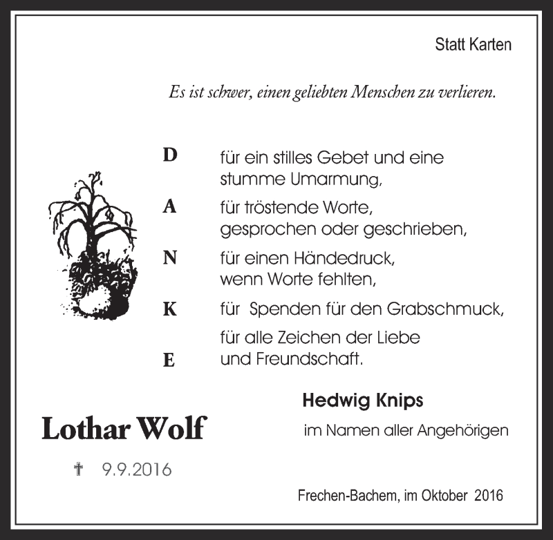  Traueranzeige für Lothar Wolf vom 12.10.2016 aus  Wochenende 