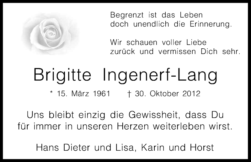  Traueranzeige für Brigitte Ingenerf-Lang vom 29.10.2016 aus Kölner Stadt-Anzeiger / Kölnische Rundschau / Express