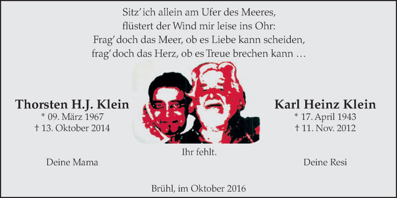  Traueranzeige für Thorsten und Karl Heinz Klein vom 12.10.2016 aus  Schlossbote/Werbekurier 