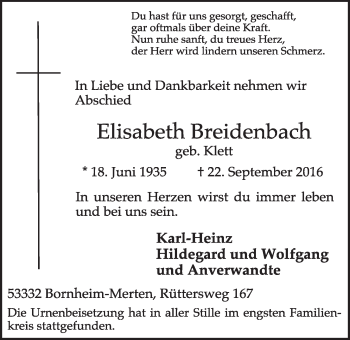 Anzeige von Elisabeth Breidenbach von  Schlossbote/Werbekurier 
