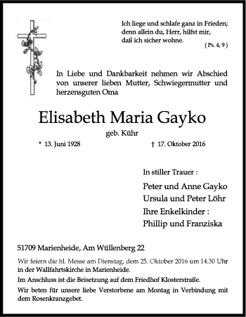 Anzeige von Elisabeth Maria Gayko von Kölner Stadt-Anzeiger / Kölnische Rundschau / Express