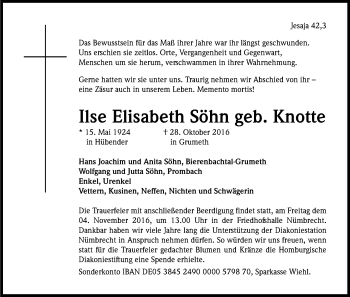 Anzeige von Ilse Elisabeth Söhn von Kölner Stadt-Anzeiger / Kölnische Rundschau / Express