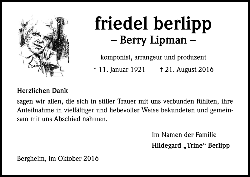 Traueranzeige für Friedel Berlipp vom 15.10.2016 aus Kölner Stadt-Anzeiger / Kölnische Rundschau / Express