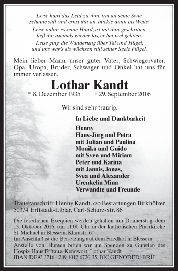 Anzeige von Lothar Kandt von  Werbepost 