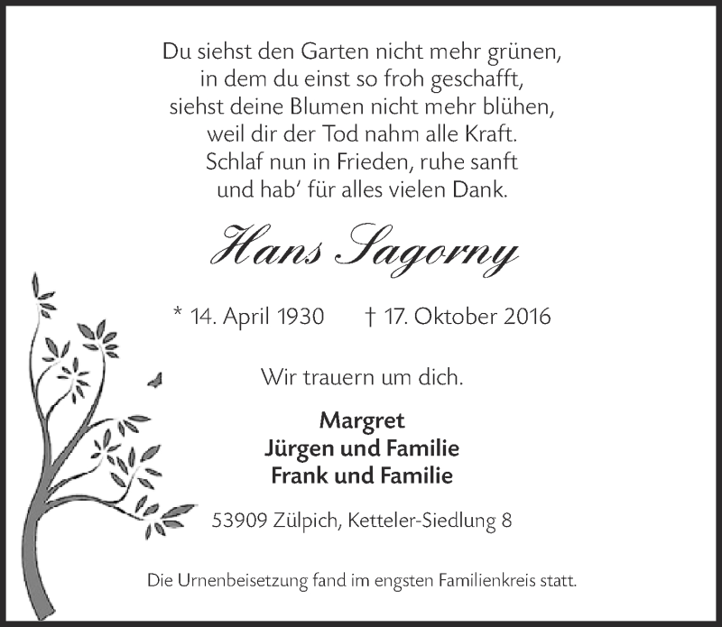  Traueranzeige für Hans Sagorny vom 29.10.2016 aus  Blickpunkt Euskirchen 