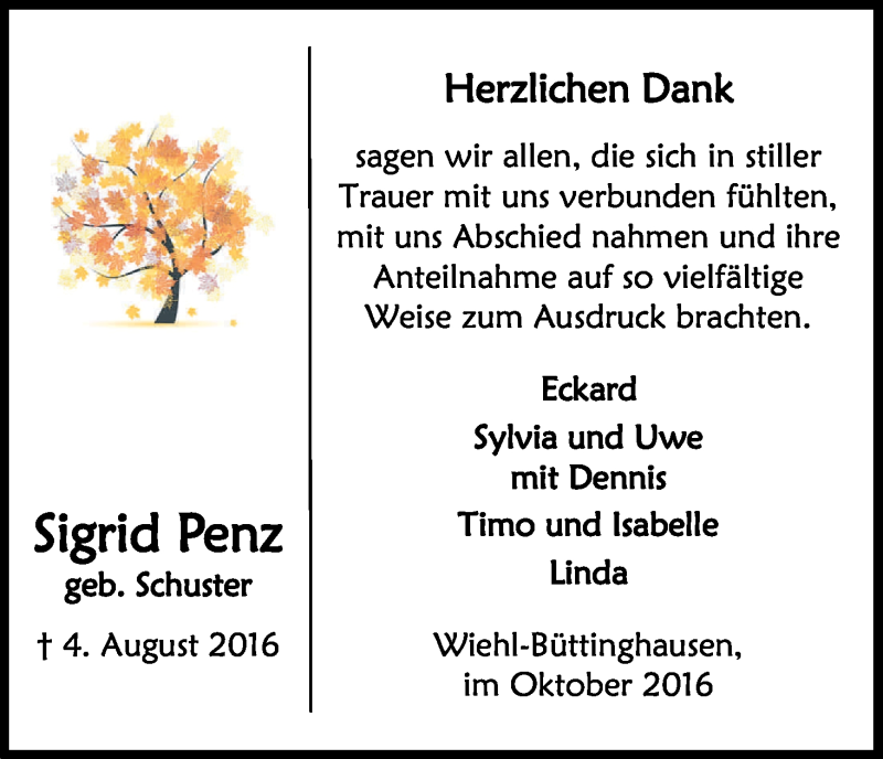 Traueranzeige für Sigrid Penz vom 22.10.2016 aus Kölner Stadt-Anzeiger / Kölnische Rundschau / Express