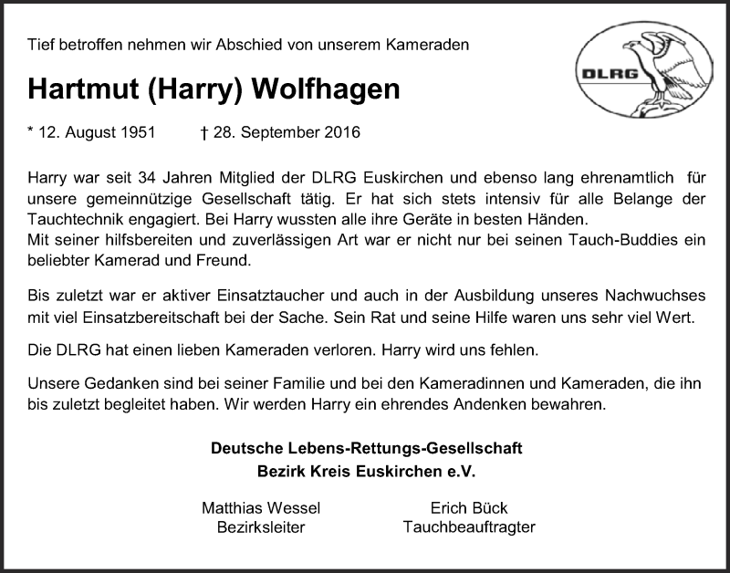  Traueranzeige für Hartmut Wolfhagen vom 08.10.2016 aus  Blickpunkt Euskirchen 